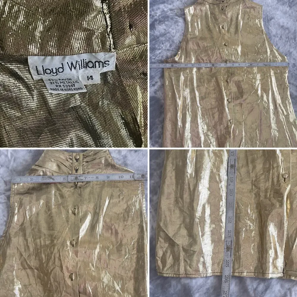 Vintage 1990s Lloyd Williams Liquid Gold Lamé Metallic Victorian Blouse Size L - Picture 9 of 12